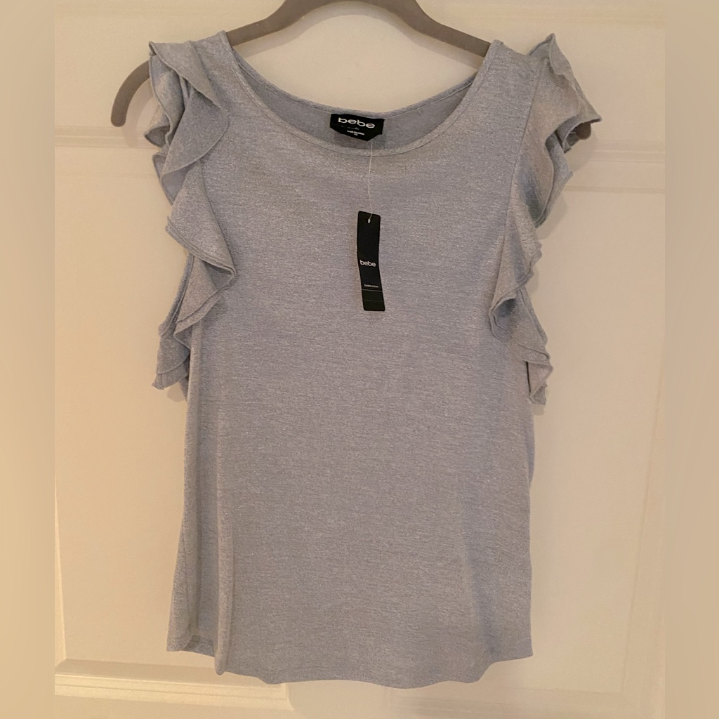 Bebe Silver Metallic Glitter Ruffle Sleeveless Top Xs Brand New With Tags 59